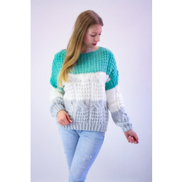 Sweter z Bufiastymi Rękawami w Warkocze Miętowo-Kremowo-Popielaty UNI