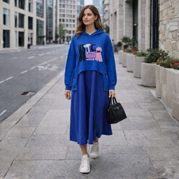 Sukienka damska Włoska dresowa z kapturem OVERSIZE niebieska