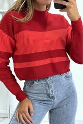Czerwony prążkowany sweter w paski