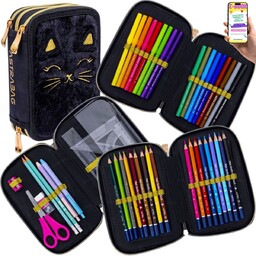 PIÓRNIK SZKOLNY ASTRABAG 3-KOMOROWY Z WYPOSAŻENIEM KOTEK CZARNY