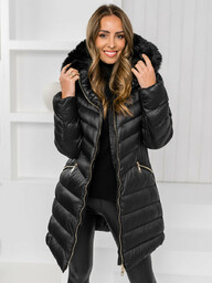 Czarna długa pikowana kurtka płaszcz damska zimowa