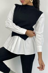 Czarny dwumateriałowy sweter - koszula o asymetrycznym kroju
