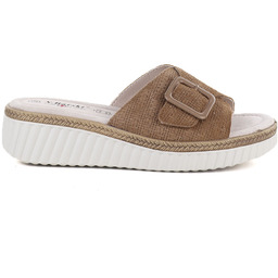 Skórzane klapki damskie na koturnie brązowe S.Barski 7002