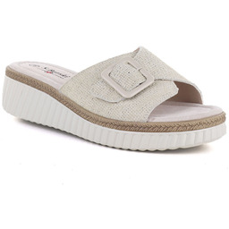 Skórzane klapki damskie na koturnie beżowe S.Barski 7002