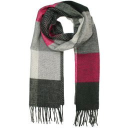 Szalik w Kratkę, Szaro-Różowy z Frędzlami, Dwustronny