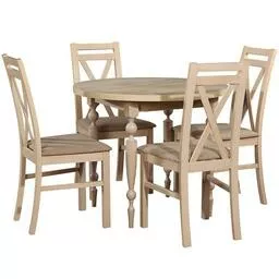 Piękny okrągły stół ze zdobionymi nogami i krzesła z tapicerowanym siedziskiem