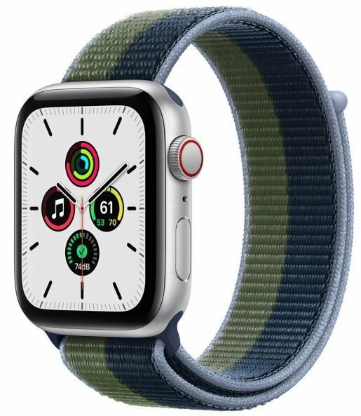 Apple Watch SE 44mm GPS Cellular Aluminium w kolorze srebrnym z opaską sportową w kolorze błękitnej toni zielonego mchu