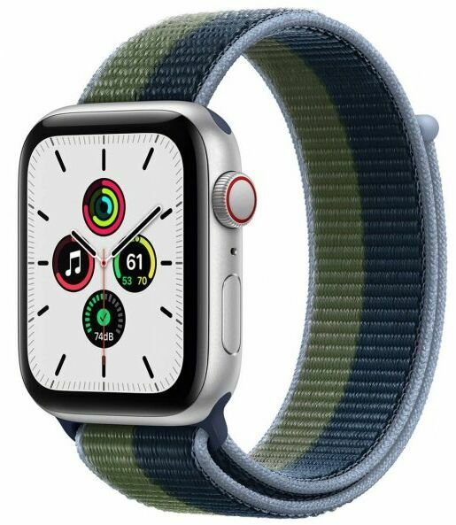 apple watch se 44mm gps cellular aluminium w kolorze srebrnym z opaska sportowa w kolorze blekitnej toni zielonego mchu