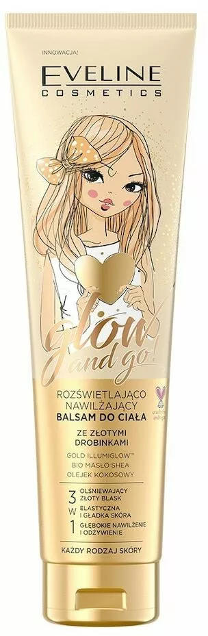 eveline cosmetics glow and go rozswietlajaco nawilzajacy balsam do ciala ze zlotymi drobinkami