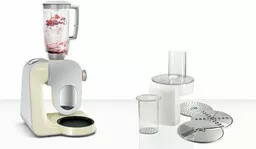 Robot kuchenny Bosch MUM58920 kremowy widok na przygotowywany deser i tarcze