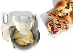 Robot kuchenny Bosch MUM58920 kremowy widok od góry na wyrabianie ciasta w misie i przygotowane ciasto