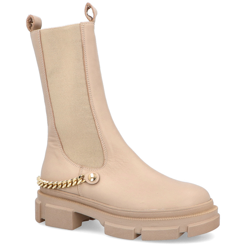 Jasne, wysokie buty z gumową wstawką i łańcuszkiem to idealne buty na jesień Jasne, wysokie buty z gumową wstawką i łańcuszkiem to idealne buty na jesień