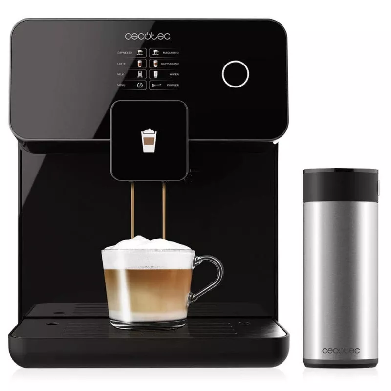 ekspres cecotec power matic ccino 8000 touch serie nera czarny przod widok na zaparzanie kawy w jednej malej szklance