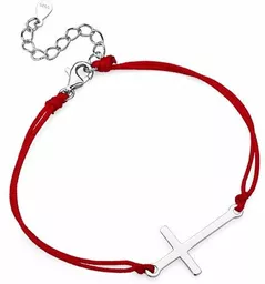 Bransoletka czerwony sznurek krzyż srebrna