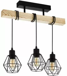 Lampa sufitowa Eglo TOWNSHEND czarna z drewnianym elementem w stylu industrialnym widok na trzy źródła światła