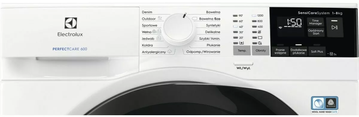 pralka electrolux ew6f428bp perfectcare biala widok na pokretlo i na panel ustawiania programu prania