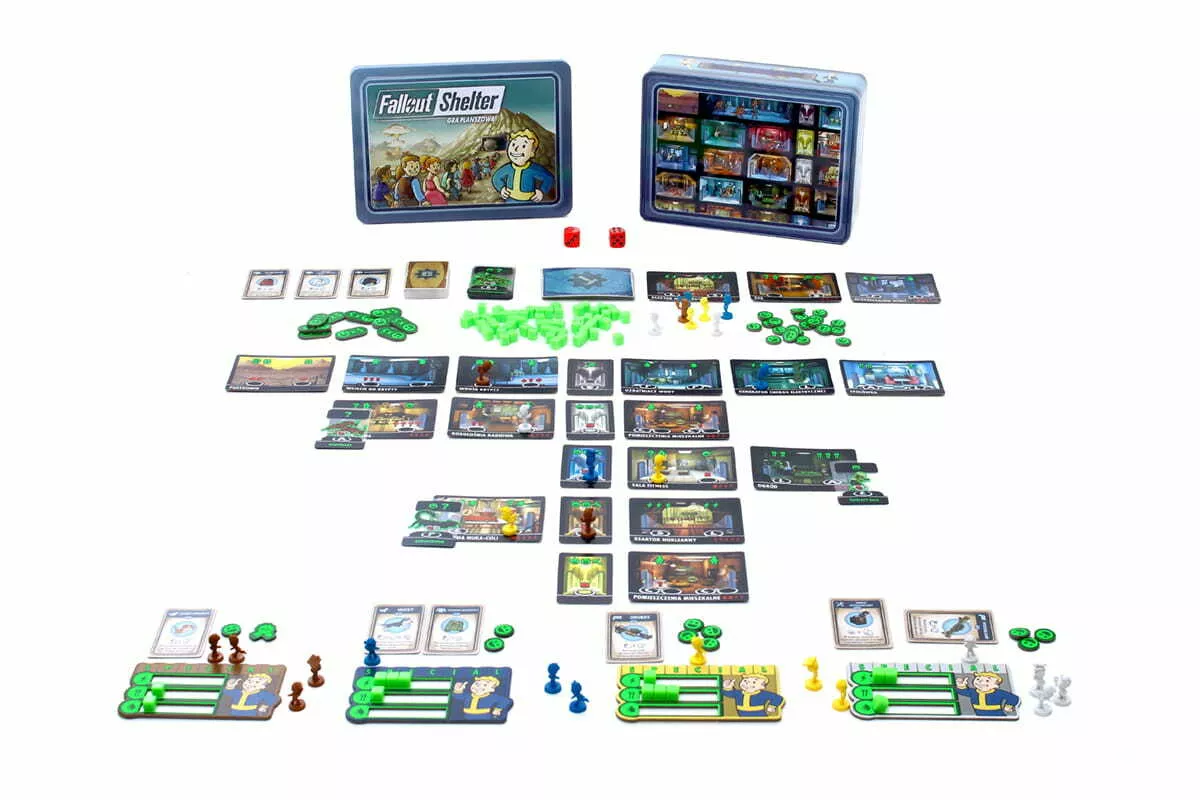 gra planszowa rebel fallout shelter edycja polska zawartosc pudelka w srodku karty zetony i tablice