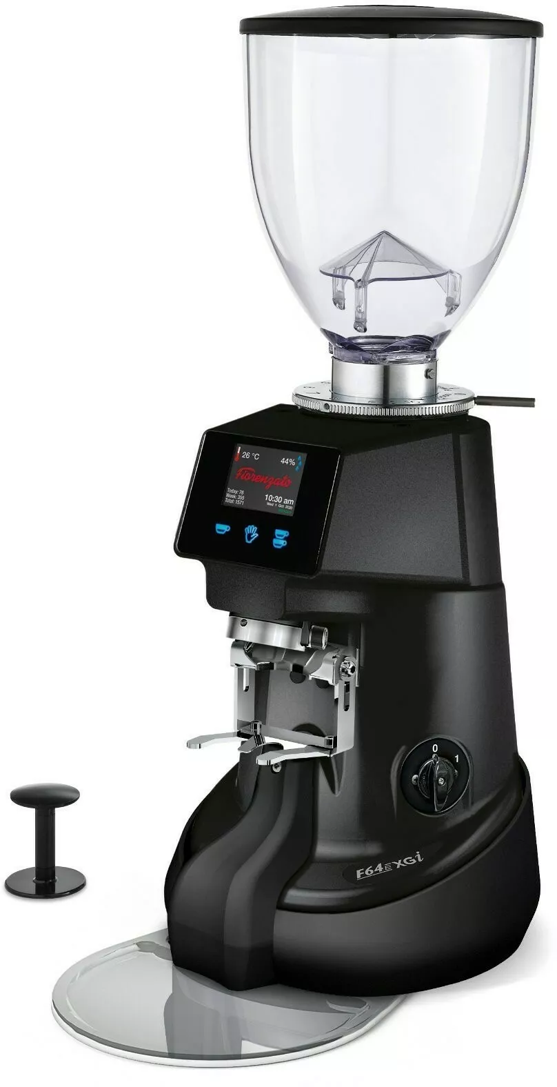 mlynek do kawy fiorenzato f64 evo xgi czarny prawy bok widok na mlynek z pojemnikiem na kawe