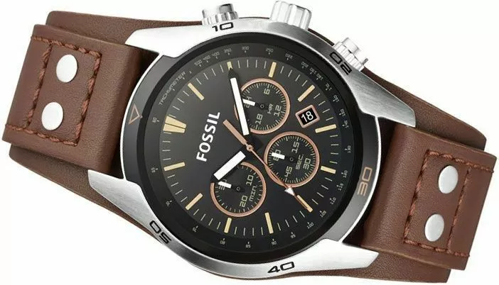 zegarek meski fossil ch2891 srebrna obudowa ekranu brazowy skorzany pasek wyswietlacz