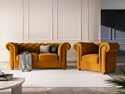 Musztardowy fotel z sofą w welurowym wydaniu Musztardowy fotel z sofą w welurowym wydaniu