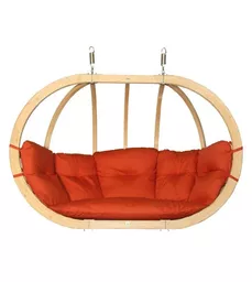 Fotel wiszący dwuosobowy drewniany Czillo z czerwoną poduszką przód