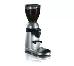 Młynek do kawy Graef CM900 srebrny lewy bok widok na młynek z pojemnikiem wypełnionym ziarnami kawy