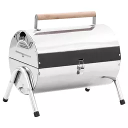 Grill przenośny w kształcie beczki srebrny lewy bok Grill przenośny w kształcie beczki srebrny lewy bok