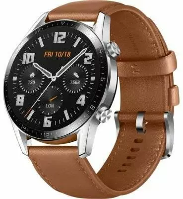 smartwatch huawei watch gt 2 classic 46 mm srebrny pasek brazowa skora