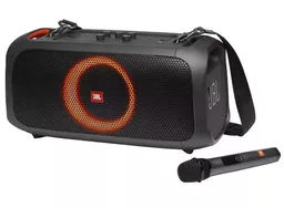 Głośnik JBL Partybox On The Go prezentacja z mikrofonem od prawego boku Głośnik JBL Partybox On The Go prezentacja z mikrofonem od prawego boku