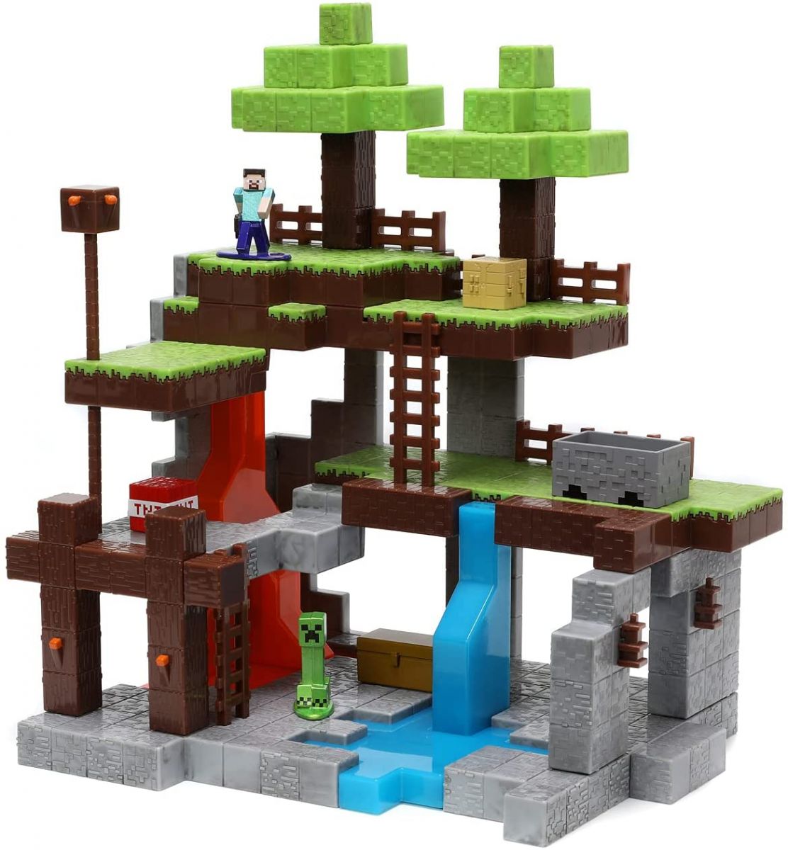 Świat overworld z creeperem postacią i wodospadem Świat overworld z creeperem postacią i wodospadem
