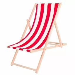 Leżak plażowy składany drewniany z czerwono białym materiałem