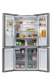 Lodówka Haier Multidoor Cube 90 Series 5 srebrna otwarta widok na produkty spożywcze ułożone w lodówce Lodówka Haier Multidoor Cube 90 Series 5 srebrna otwarta widok na produkty spożywcze ułożone w lodówce