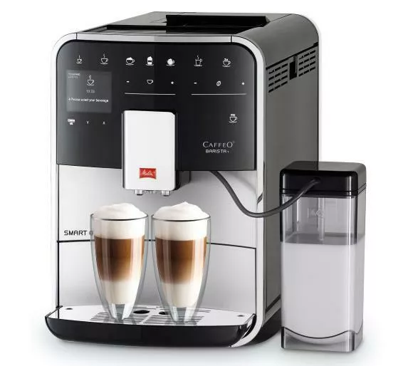 ekspres do kawy melitta caffeo barista t smart f83 0 101 srebrny prawy bok z widokiem na dwie kawy w wysokich szklankach