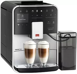 Ekspres do kawy Melitta Caffeo Barista TS Smart F85 0 101 srebrny lewy bok widok na zaparzanie kawy w dwóch dużych szklankach