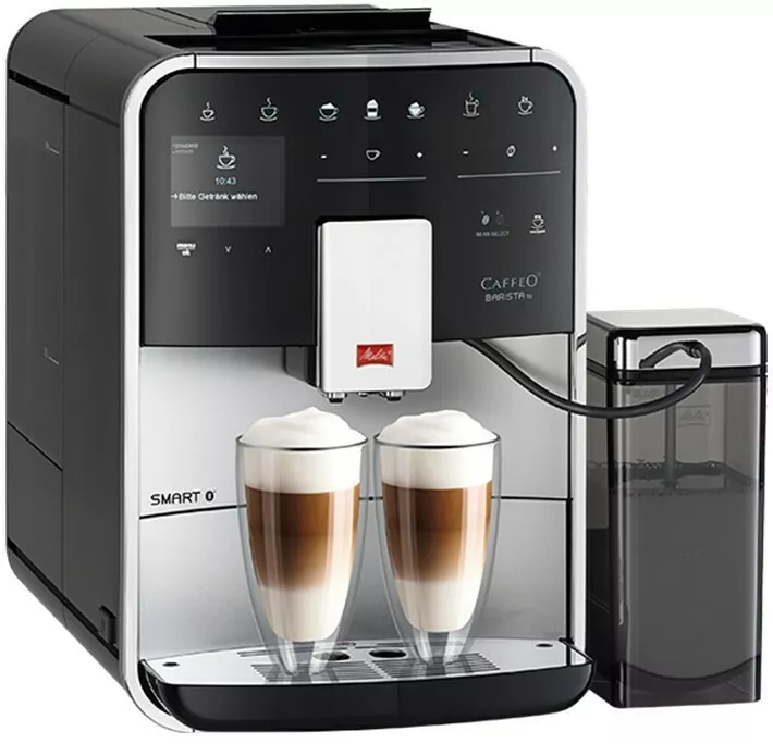 ekspres do kawy melitta caffeo barista ts smart f85 0 101 srebrny lewy bok widok na zaparzanie kawy w dwoch duzych szklankach