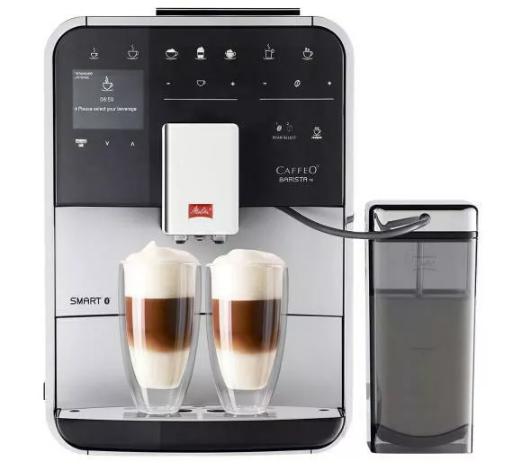 ekspres do kawy melitta caffeo barista ts smart f85 0 101 srebrny przod widok na zaparzanie kawy w dwoch duzych szklankach