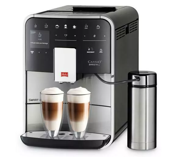ekspres do kawy melitta barista ts smart f86 0 100 szary prawy bok widok na zaparzanie kawy w dwoch duzych szklankach