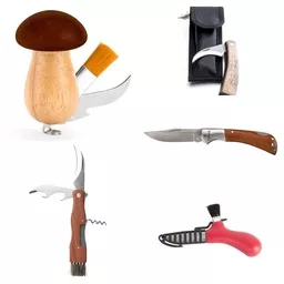 Różne rodzaje noży dla grzybiarzy, nożyk ze stałym ostrzem, z otwieranym ostrzem, z otwieraczem do konserw, z korkociągiem, z pędzelkiem, w różnych kolorach oraz z etui