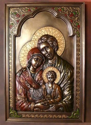 Ikona Świętej Rodziny ręcznie malowana, pokryta brązem