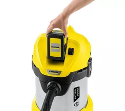 Odkurzacz Karcher WD 3 Premium Set żółto srebrny zbliżenie na baterię Odkurzacz Karcher WD 3 Premium Set żółto srebrny zbliżenie na baterię