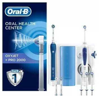 szczoteczka elektryczna do zebow oral b care centre pro 2000 bialo niebieska prezentacja zestawu