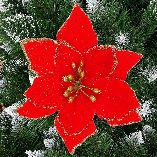gwiazda betlejemska sztuczny kwiat poinsecja czerwona z brokatem na klipsie