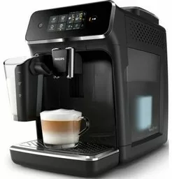 Ekspres do kawy Philips LatteGo EP2231 40 czarny prawy bok widok na zaparzanie kawy w jednej małej szklance z pojemnikiem na mleko