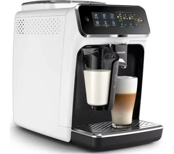 ekspres do kawy philips lattego premium ep3243 50 czarny lewy bok widok na duza szklanke z kawa i pojemnikiem na mleko