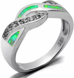 Srebrny pierścionek obrączka z zielonym opalem i cyrkoniami