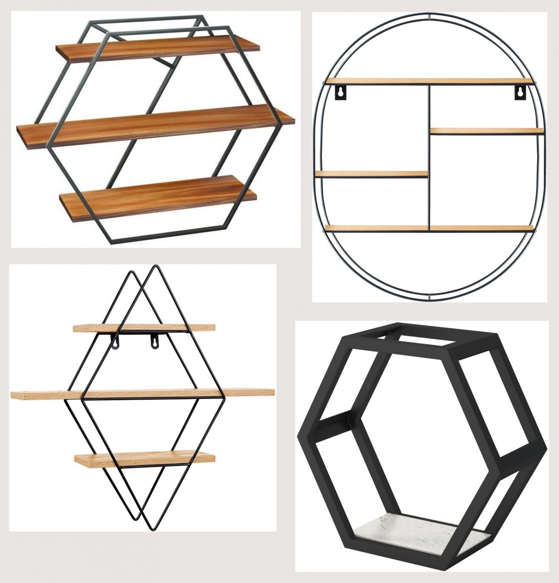 Półki w stylu loft w kształcie heksagonu, owalu i rombu