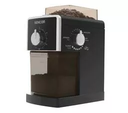 Młynek do kawy Sencor SCG 5050BK czarny prawy bok widok na młynek z pojemnikiem wypełnionym kawą
