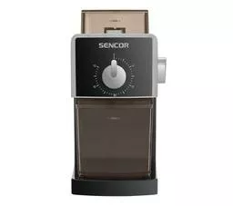 Młynek do kawy Sencor SCG 5050BK czarny przód widok na młynek z pojemnikiem na kawę i pokrętłem