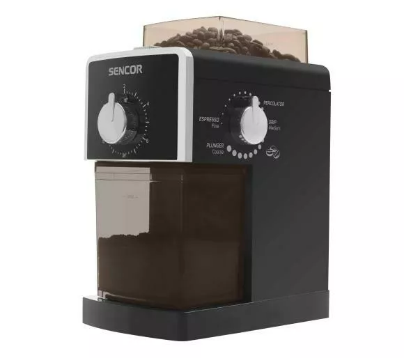 mlynek do kawy sencor scg 5050bk czarny prawy bok widok na mlynek z pojemnikiem wypelnionym kawa
