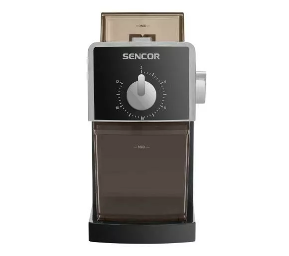 mlynek do kawy sencor scg 5050bk czarny przod widok na mlynek z pojemnikiem na kawe i pokretlem